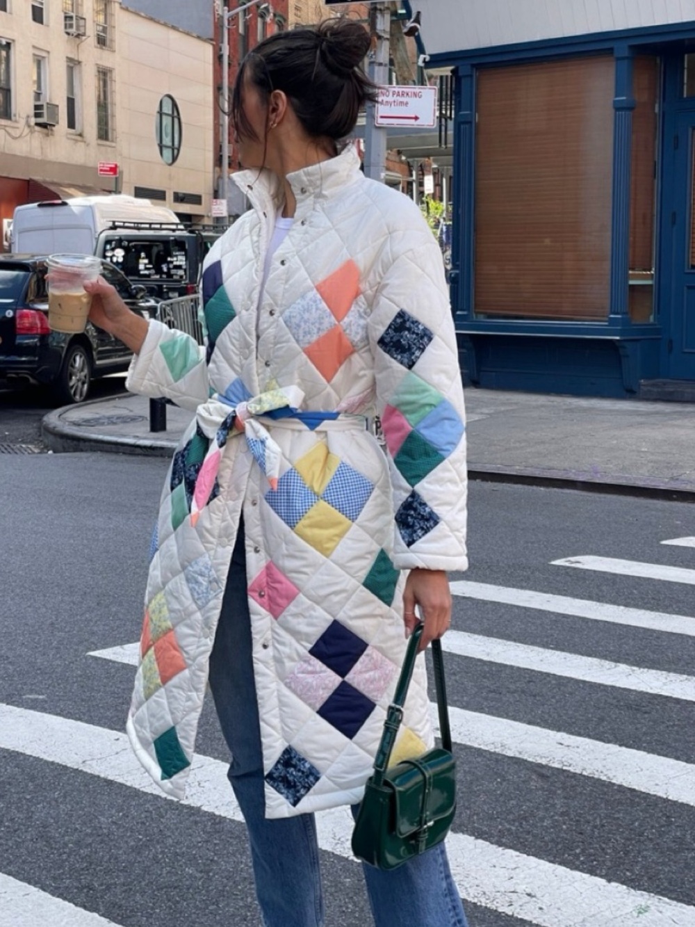 Yellow the Label Quilted Patchwork Belted Coat - White with Multicolor Diamonds